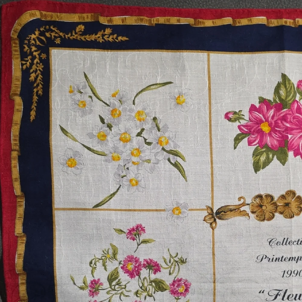 Vintage Celine Floral Silk Scarf with Navy and Red Border